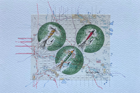 topographic Map Art - Fishing Flies - GUSTAFSEN LAKE