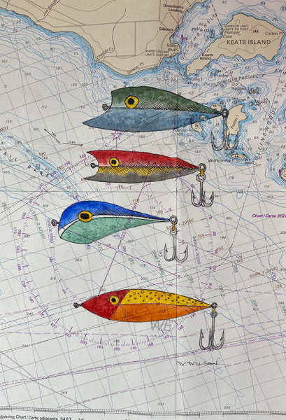 Navigation Chart Art - Wooden Fishing Plugs